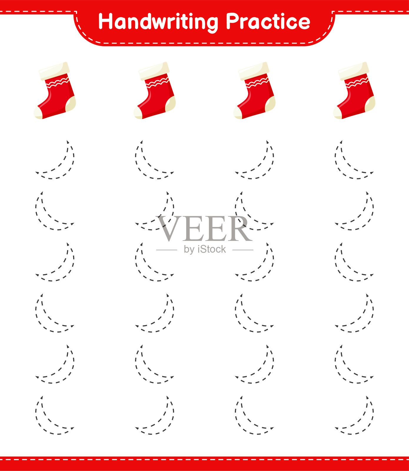 书法练习。描圣诞袜线。教育儿童游戏，可打印的工作表，矢量插图设计元素图片