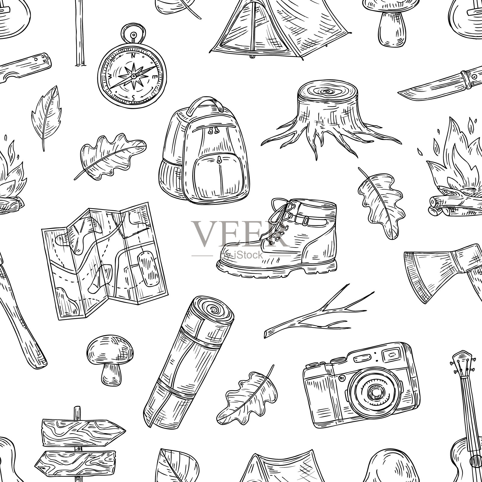 露营的模式。徒步旅行，家庭露营在天然木材。侦察户外探险草图轮廓矢量无缝纹理插画图片素材
