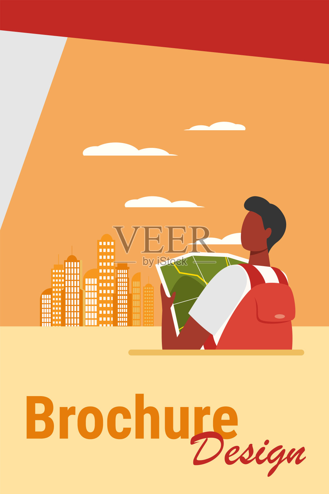 黑人旅行者拿着地图站在城市里设计模板素材