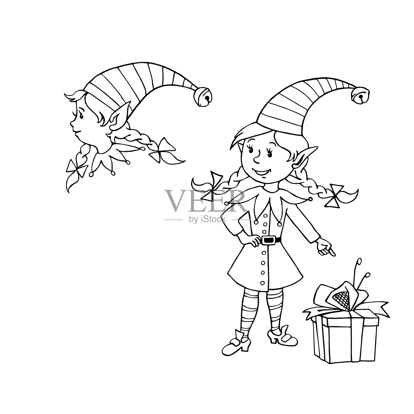 可爱的小圣诞精灵女孩。矢量手绘轮廓卡通人物。新年和圣诞节设计的简单插图，贺卡，日历，印刷品，儿童着色书插画图片素材