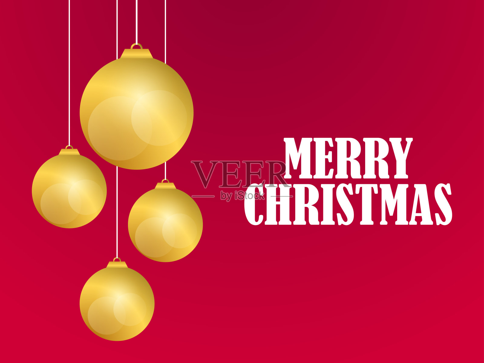 圣诞快乐。红色背景上挂着金色渐变的圣诞球。圣诞贺卡设计模板。寒假。矢量图插画图片素材