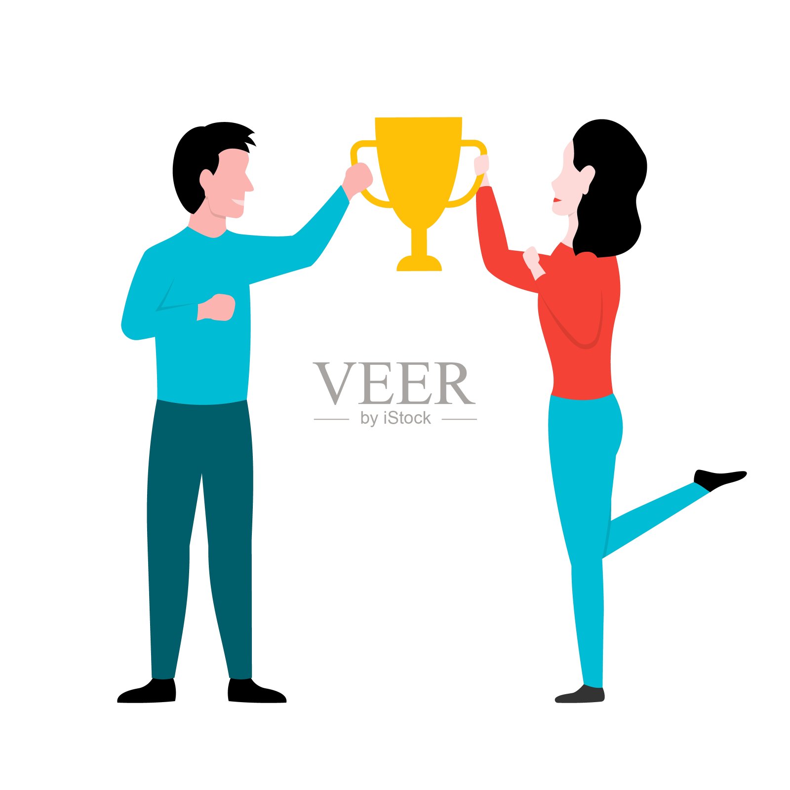 男女赢家面带微笑，手持金杯插画图片素材