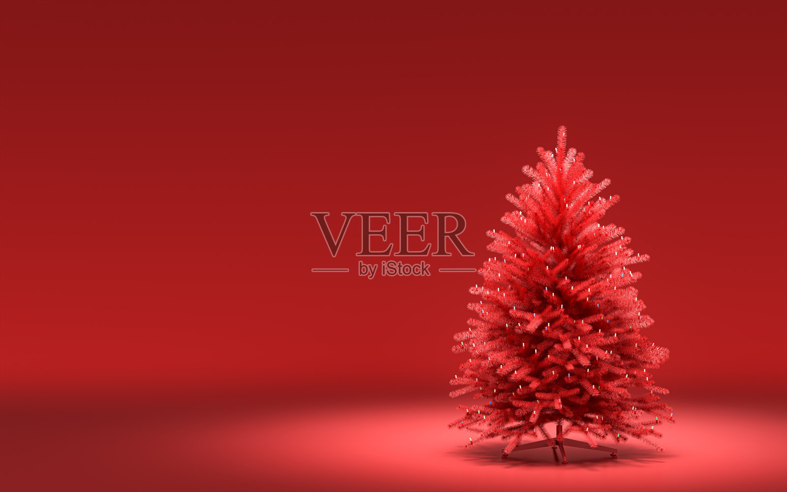 没有装饰的单一圣诞树与单色纯红色在红色背景与复制空间，3d渲染照片摄影图片