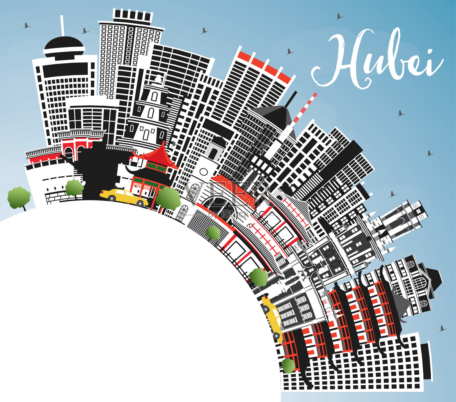 中国湖北省。灰色建筑、蓝天和复制空间的城市天际线。插画图片素材