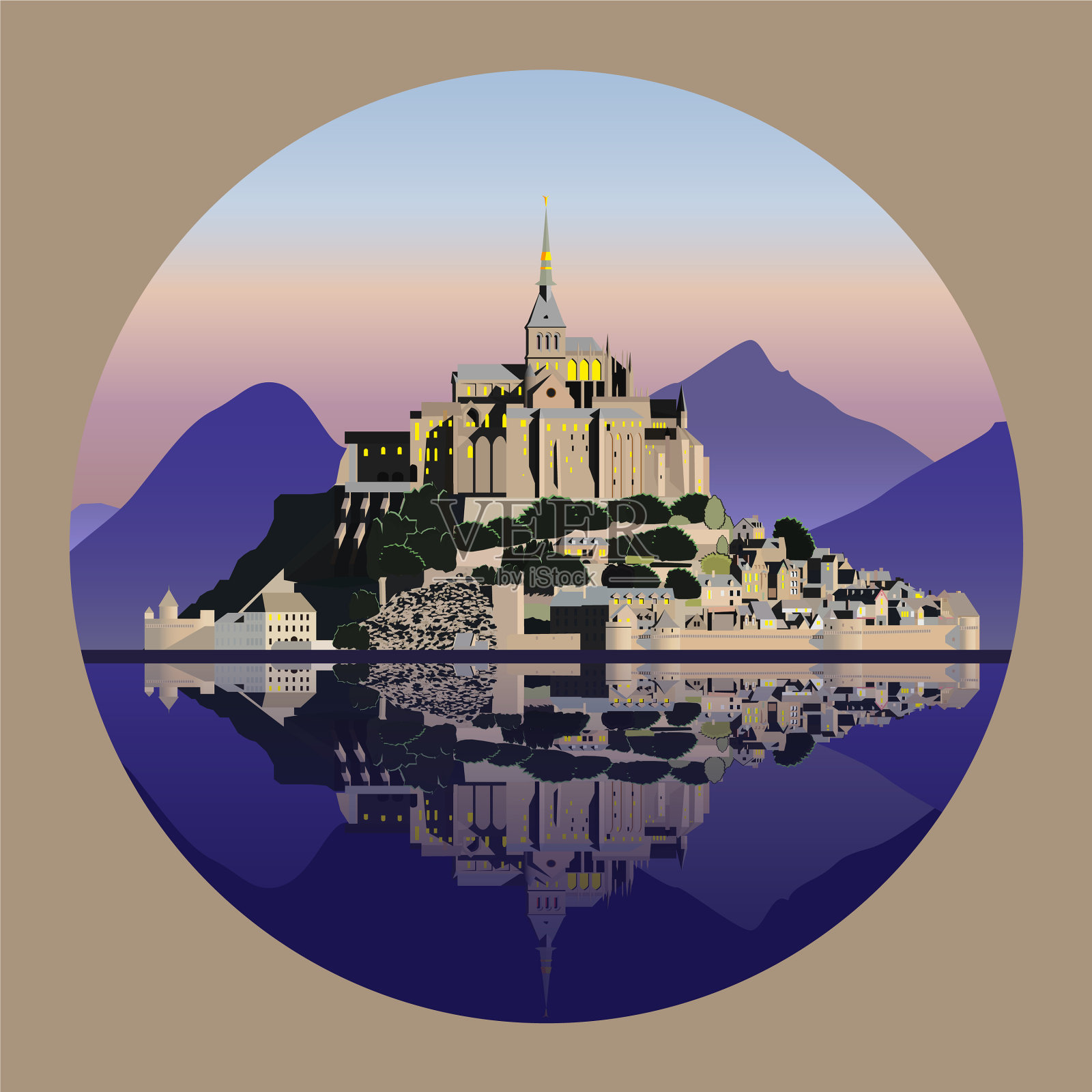 山景有城堡和湖泊插画图片素材