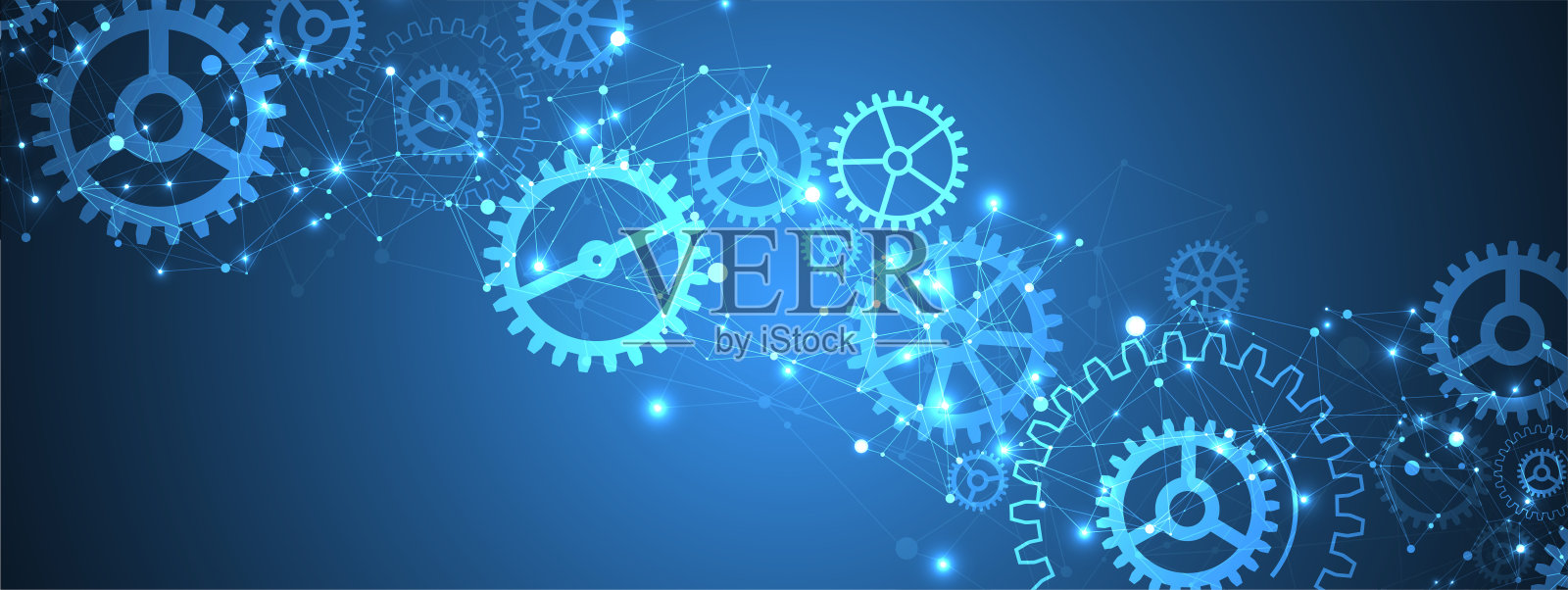 抽象蓝色技术背景。构造有齿轮和丛效应的方形图案。向量插画图片素材