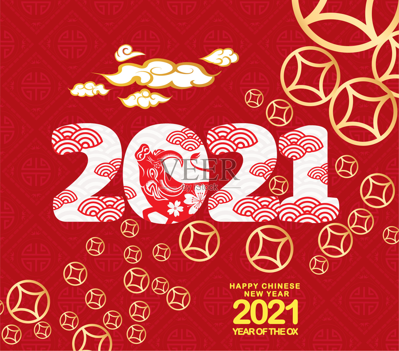 红色背景纸艺术风格的牛年快乐横幅，2021年农历新年快乐设计模板素材