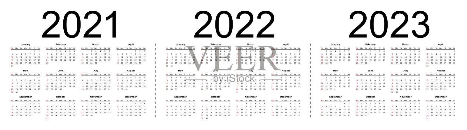 简单的可编辑矢量日历2021年，2022年，2023年。一周从星期天开始。设计模板素材