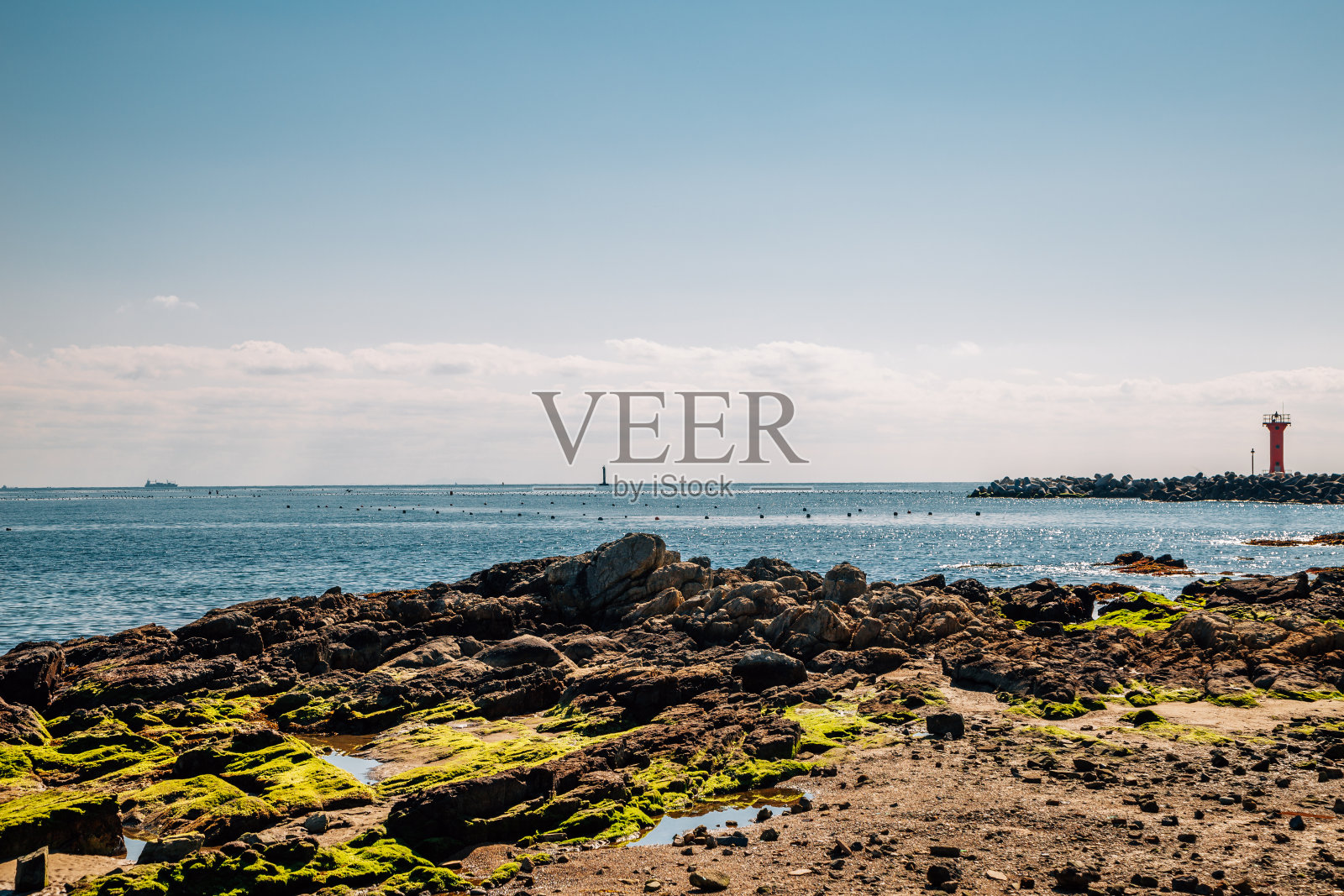 韩国釜山岐江大桥港湾灯塔和海景照片摄影图片