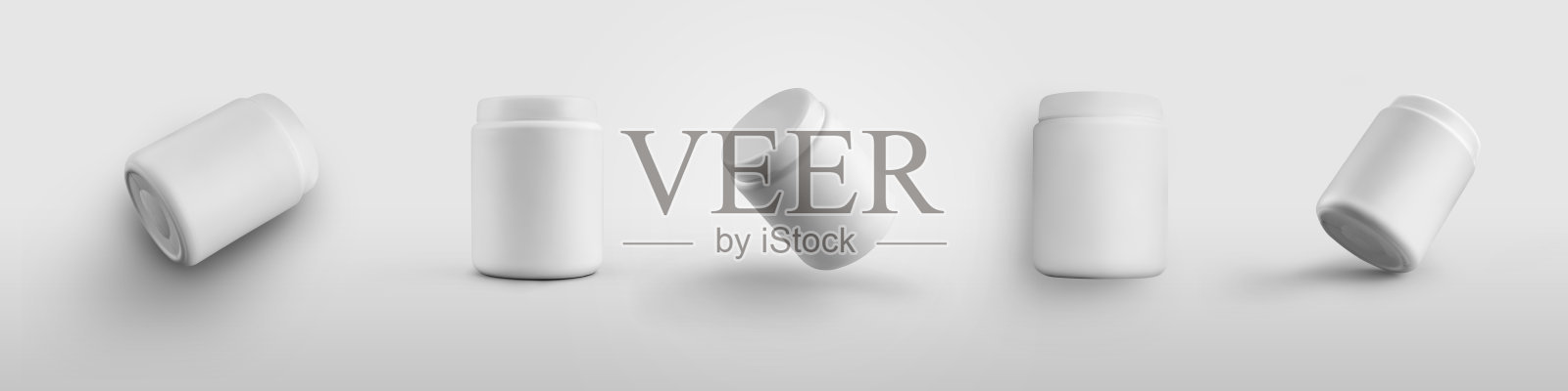 一个白色塑料罐的维生素，补充剂，从不同的侧面，孤立的背景模型。照片摄影图片