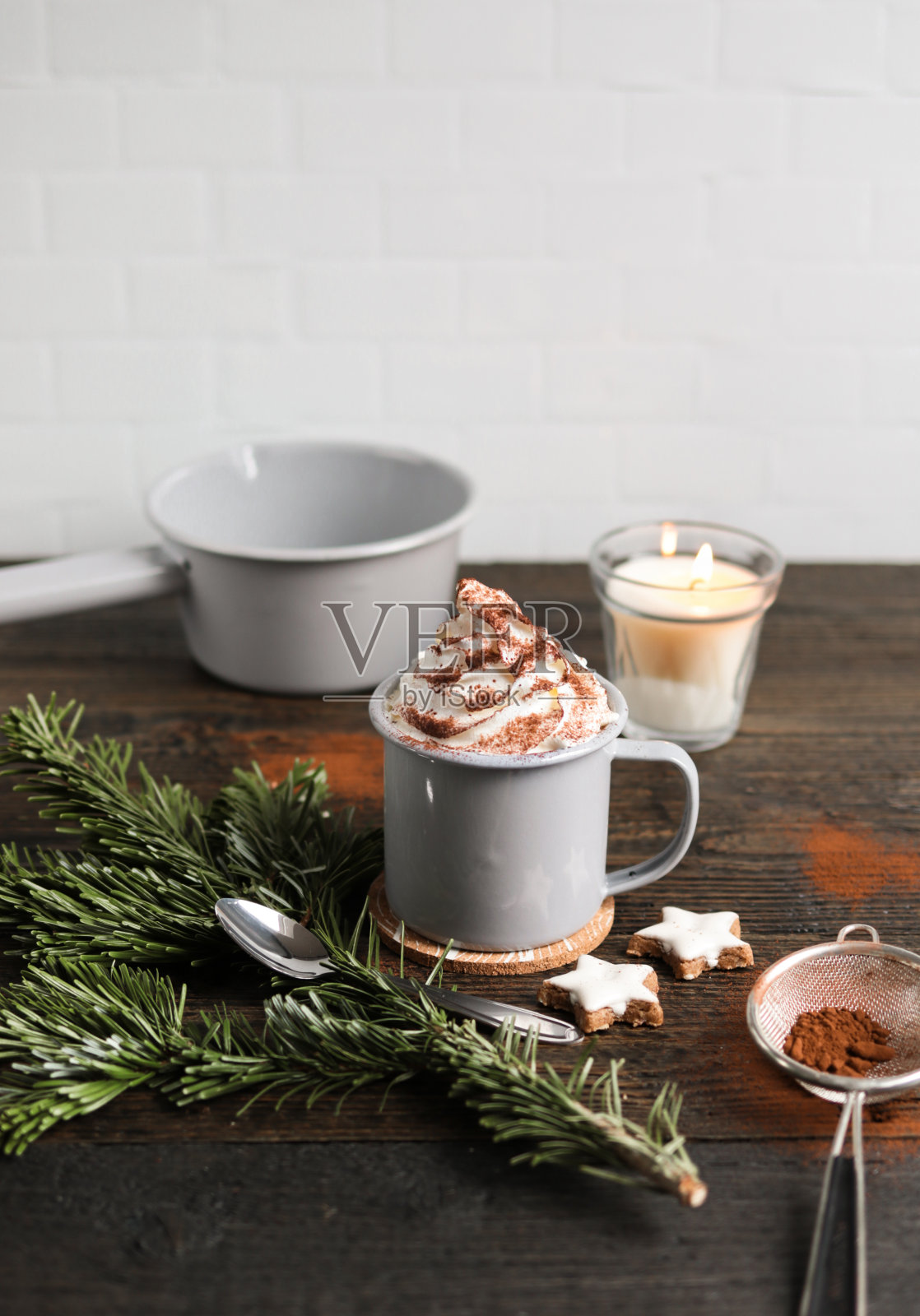 冷杉枝热巧克力和圣诞饼干照片摄影图片