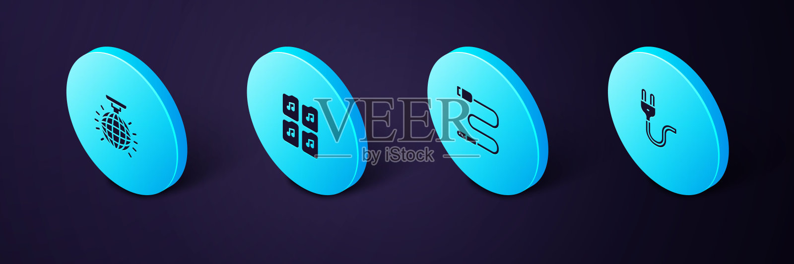 设置等距电插头，音频插孔，音乐文件文件和迪斯科球图标。向量图标素材