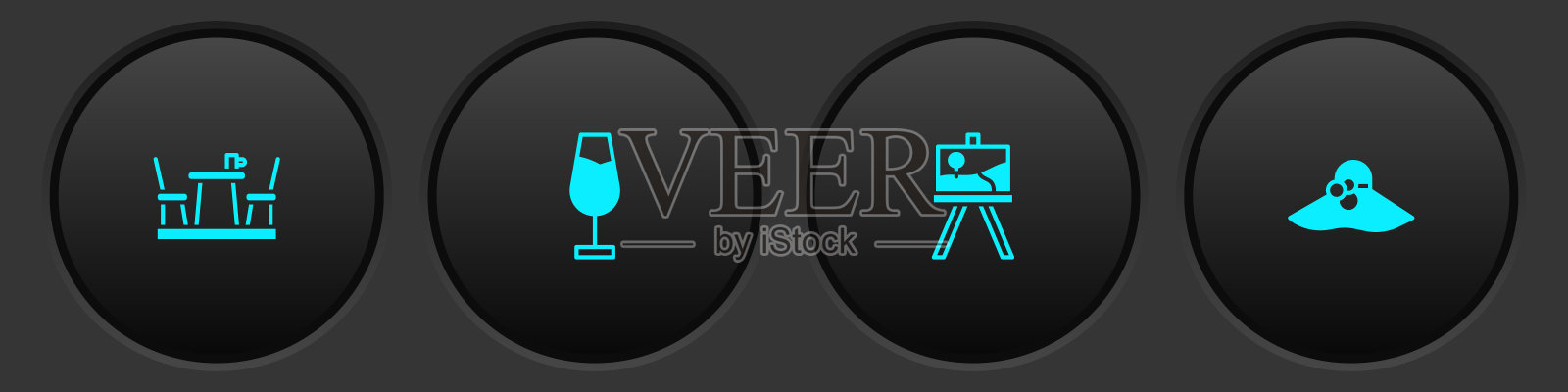 设置法式咖啡馆、酒杯、画架或绘画艺术板和优雅的女性帽子图标。向量图标素材