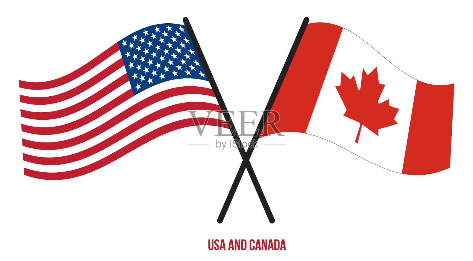 美国和加拿大的国旗交叉飘扬插画图片素材