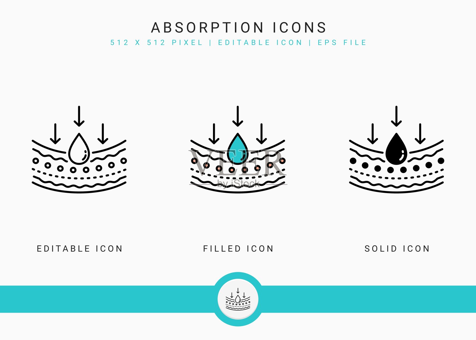 吸收图标设置矢量插图与实心图标线风格。滴水乳液概念。图标素材