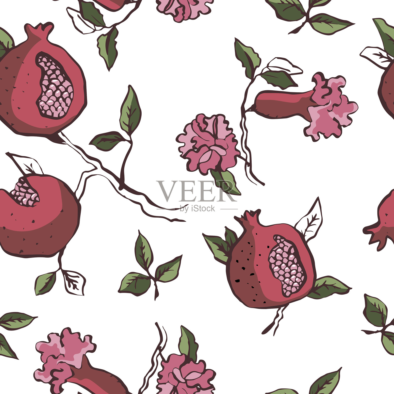 矢量无缝模式与石榴枝与水果和花在白色。插画图片素材