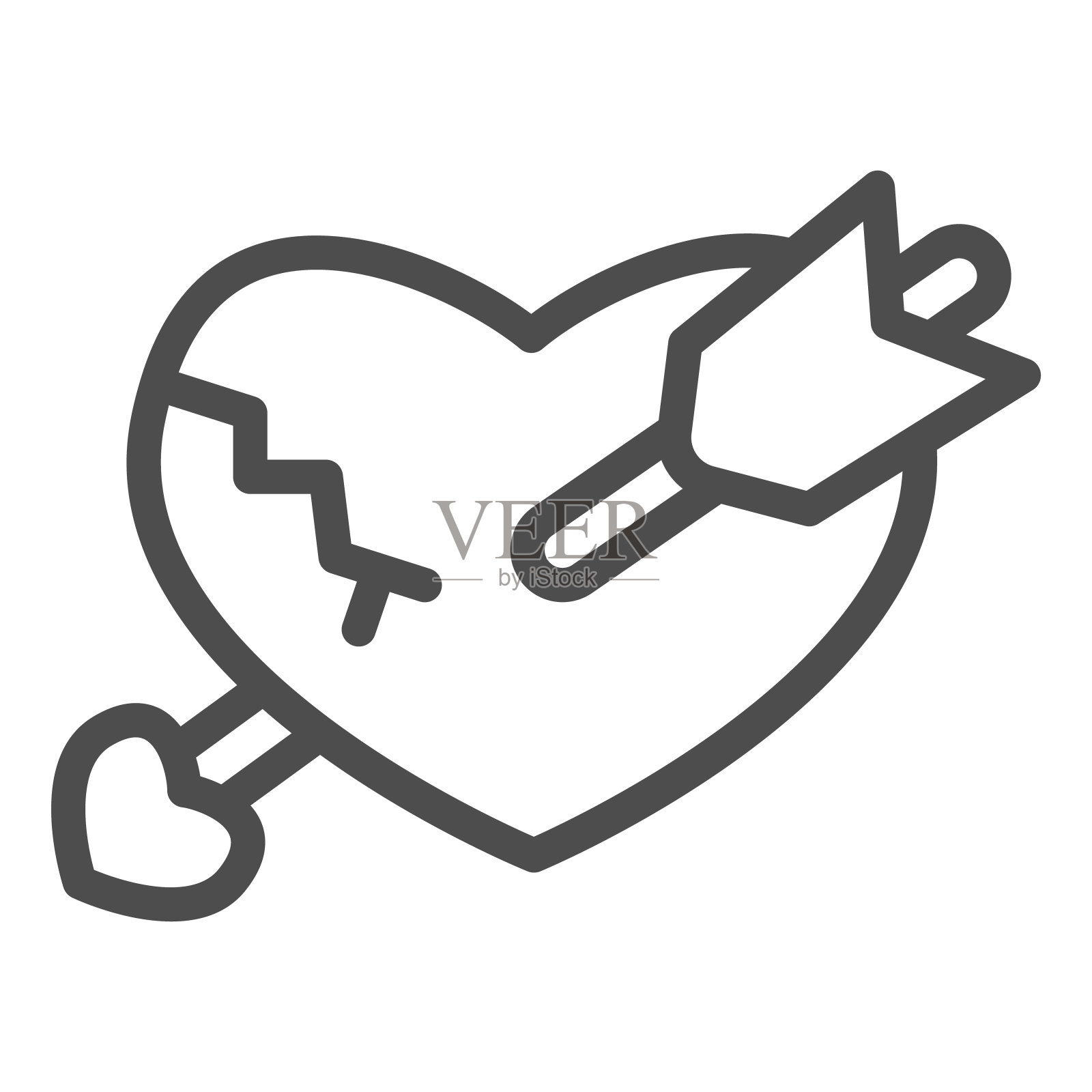 破碎的心与箭头线图标，情人节概念，在白色背景上的心脏裂缝和boom标志，不快乐的爱图标在轮廓风格的移动概念。矢量图形。插画图片素材