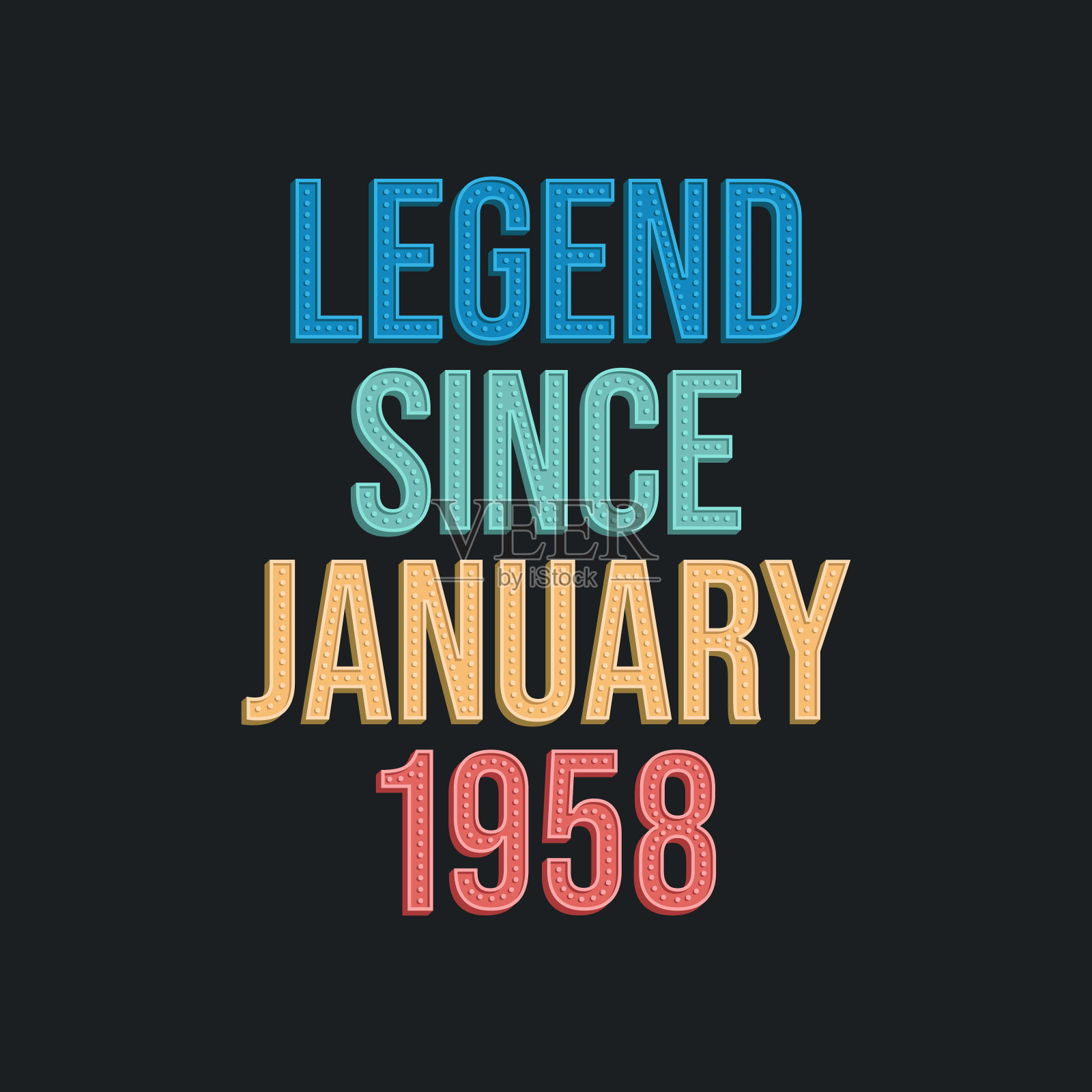 自1958年1月以来的传奇-复古复古的生日排版设计的t恤插画图片素材