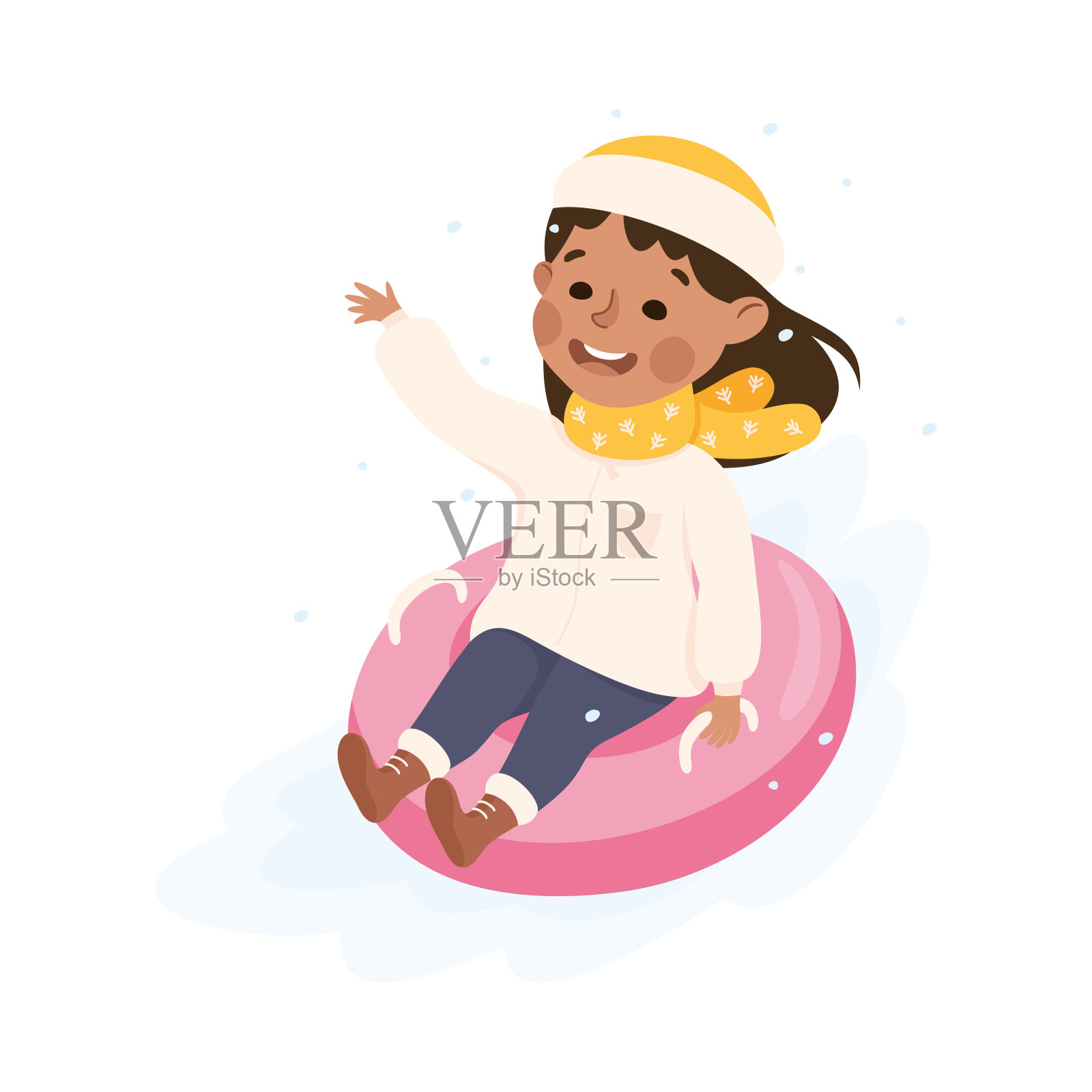 快乐的女孩戴着温暖的围巾和帽子雪管下坡矢量插图插画图片素材