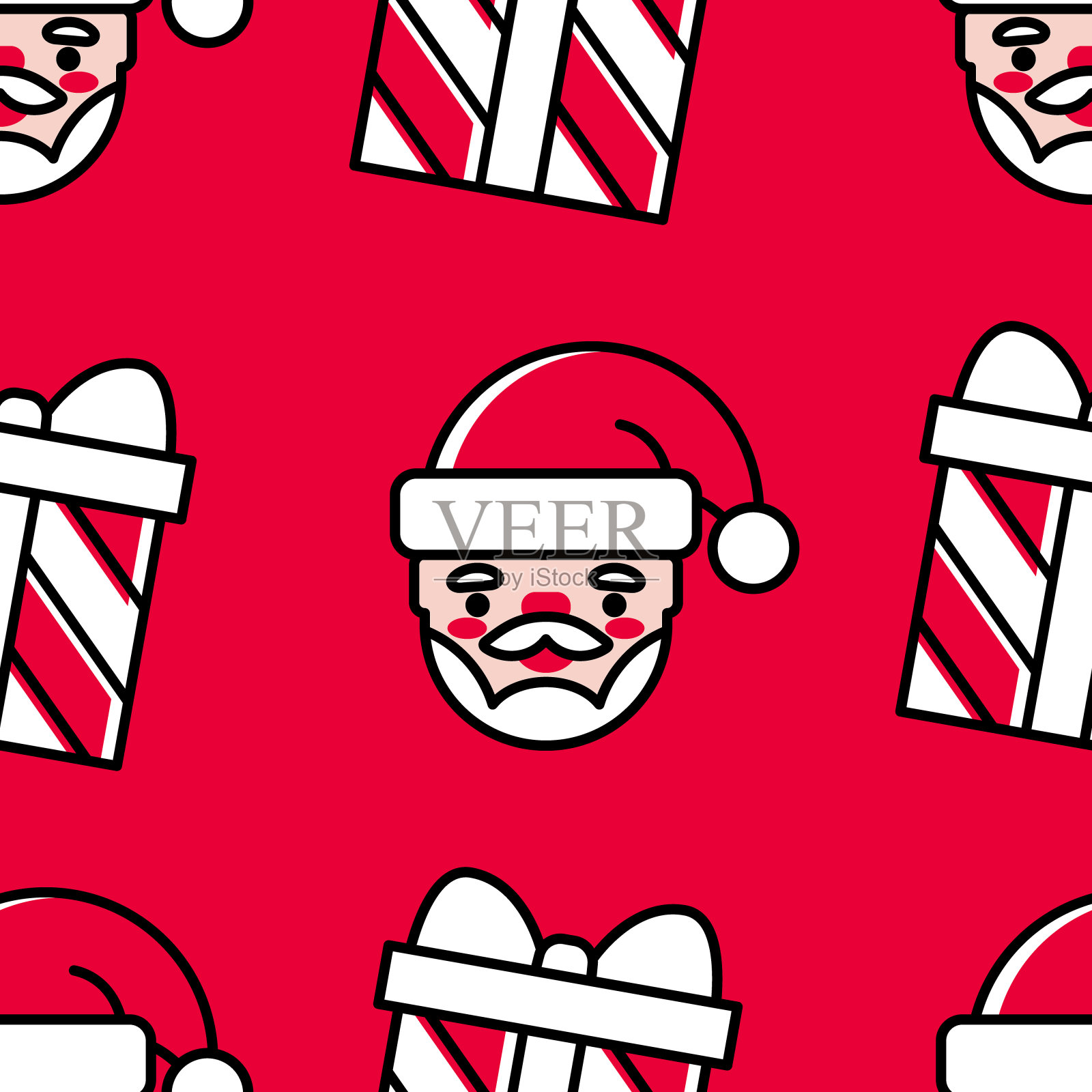 圣诞无缝模式与圣诞老人的头和礼物盒在一个明亮的红色背景。卡通风格插画图片素材