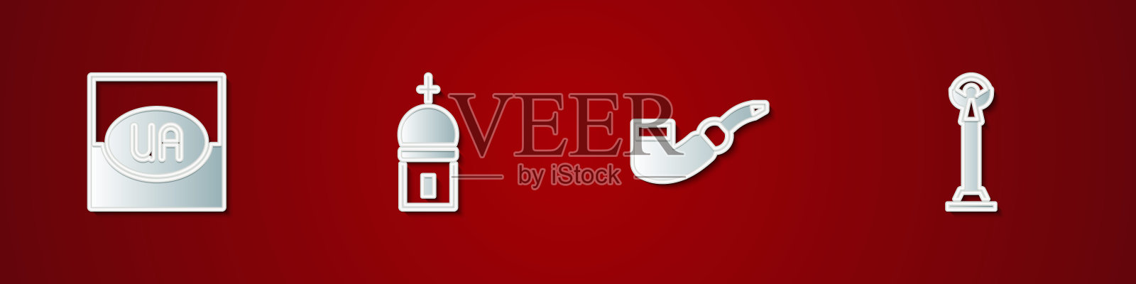 设置乌克兰国旗，教堂塔，烟斗和纪念碑独立图标。向量插画图片素材