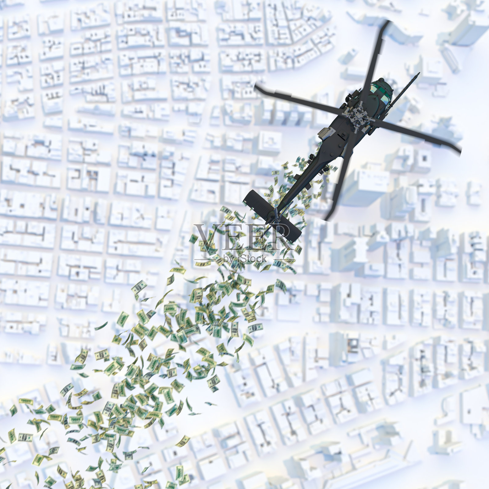 直升机钱，直升机在城市上空分配现金。照片摄影图片