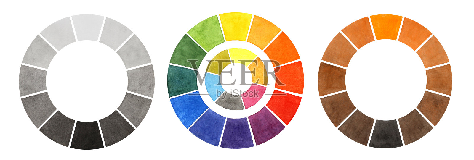 设置水彩抽象彩色和灰色圈艺术家孤立的白色背景。艺术创作的手绘对象插画图片素材