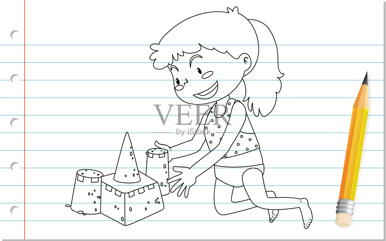 手写体女孩建筑沙堡的轮廓插画图片素材