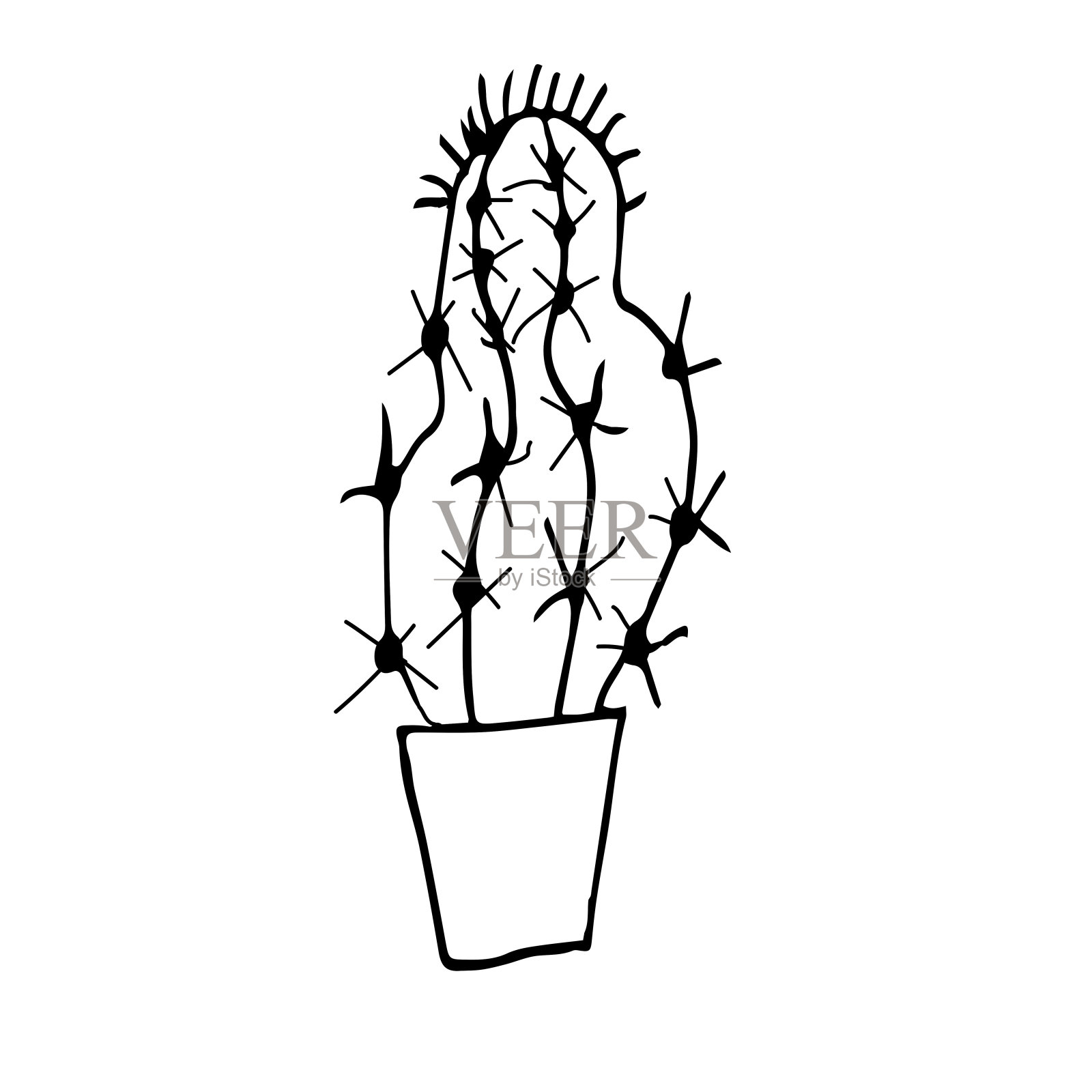 花盆里的一颗仙人掌用黑色的笔画画白底手绘室内植物线描家居装饰涂鸦