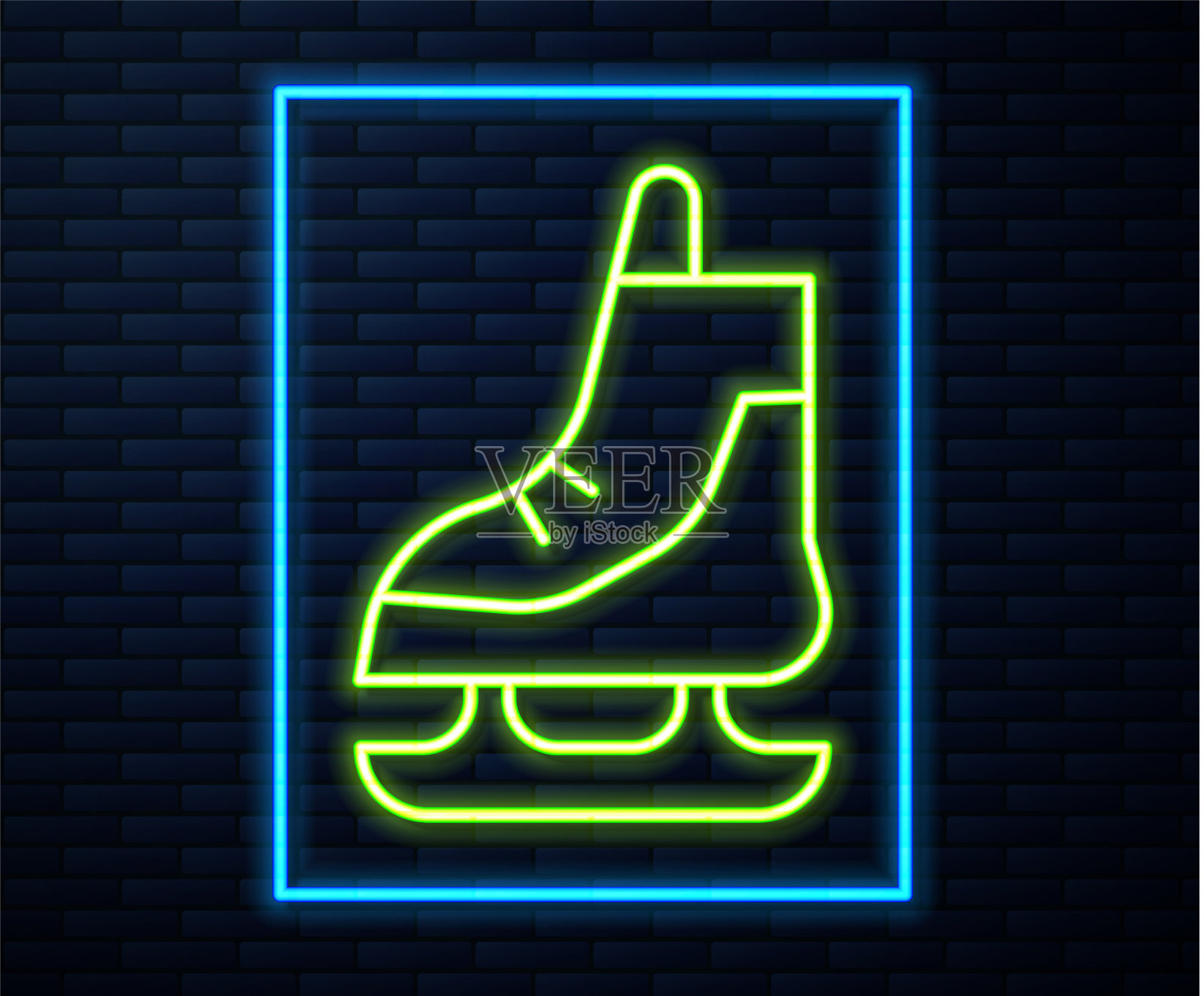 发光的霓虹灯线溜冰图标孤立在砖块上插画图片素材