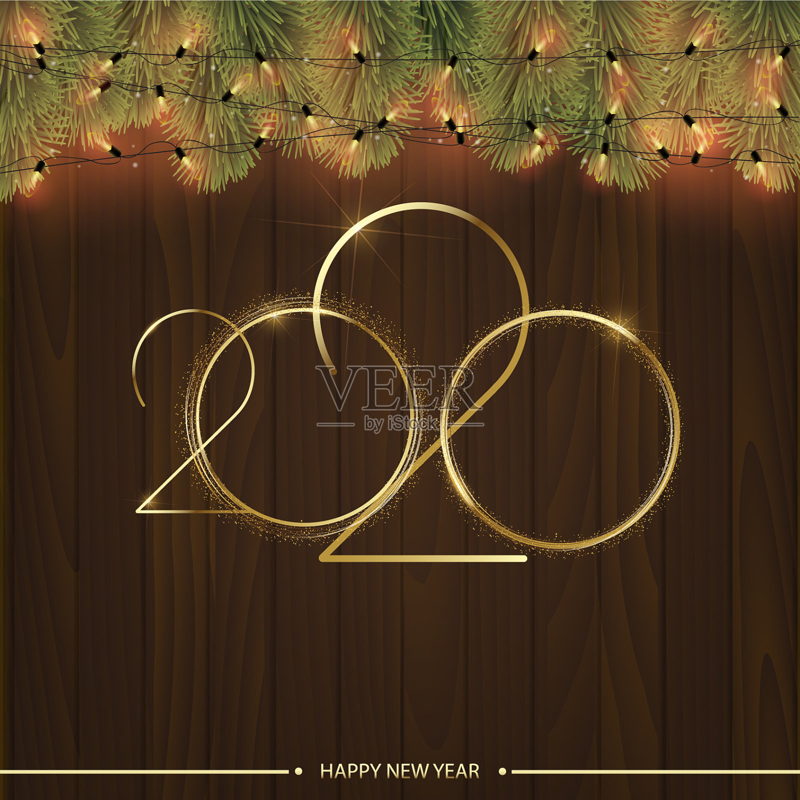 金色文字和树枝的2020年快乐卡片插画图片素材