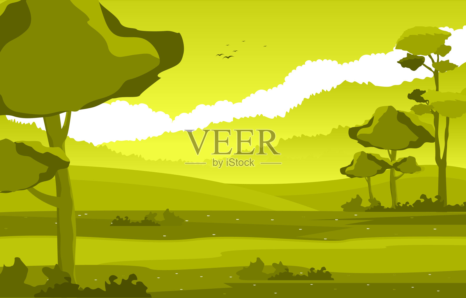 夏天清新的绿色自然田野陆地天空景观插画图片素材