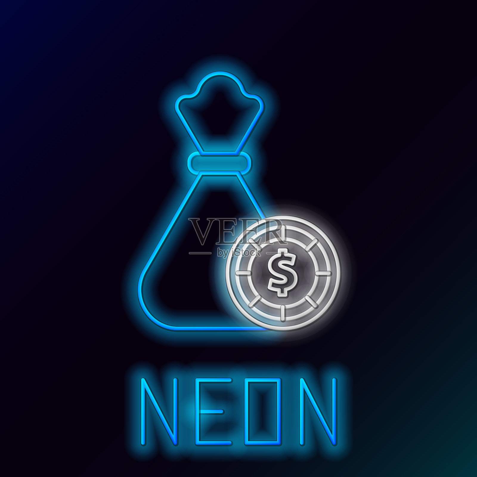 发光的霓虹灯线钱袋和赌场筹码图标插画图片素材