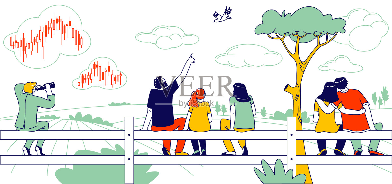 人们坐在围栏后视图幸福的家庭设计元素图片