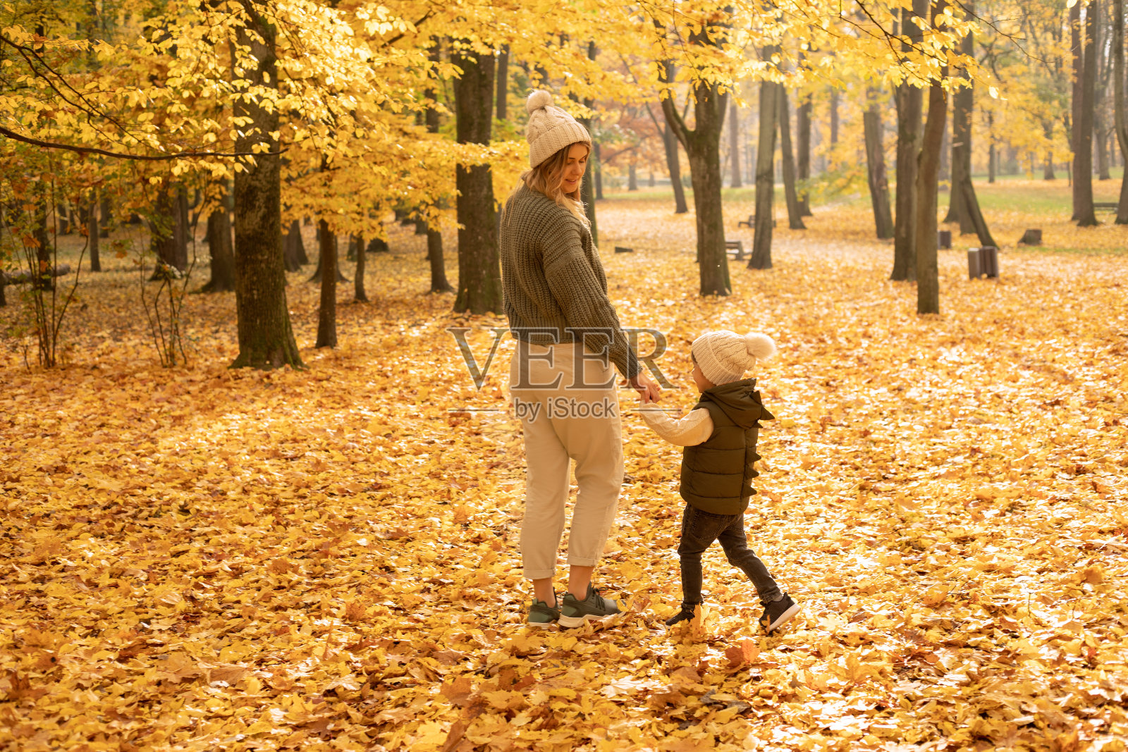 年轻的母亲和她的儿子享受美丽的秋日和在公园散步。金黄色的树叶牵着手。茁壮成长的照片，从后面看照片摄影图片
