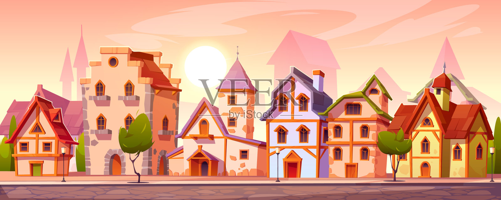 中世纪的小镇街道，有古老的欧洲建筑插画图片素材