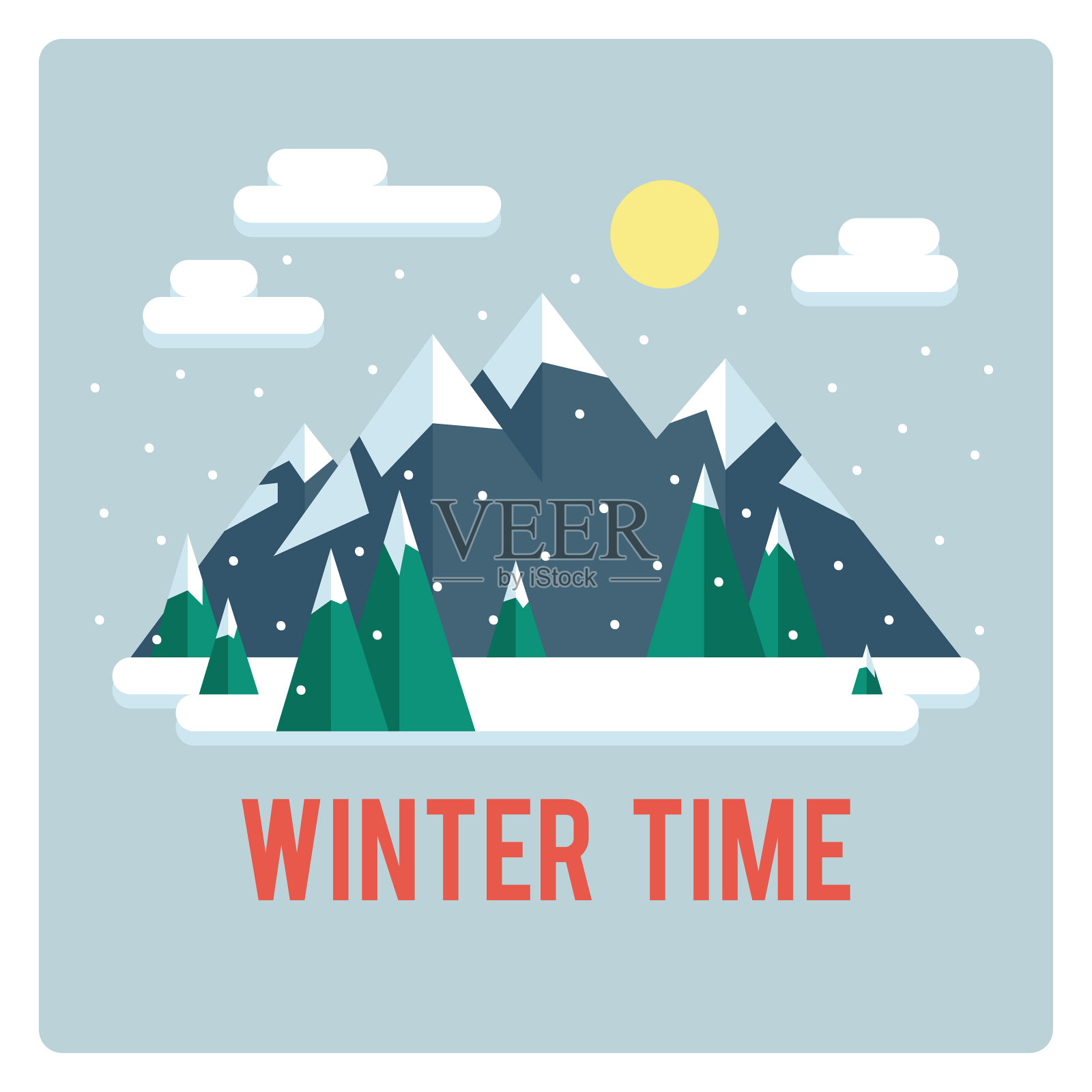 雪景滑雪场。矢量插图夜晚在山区。平面设计风格的冬季背景插画图片素材