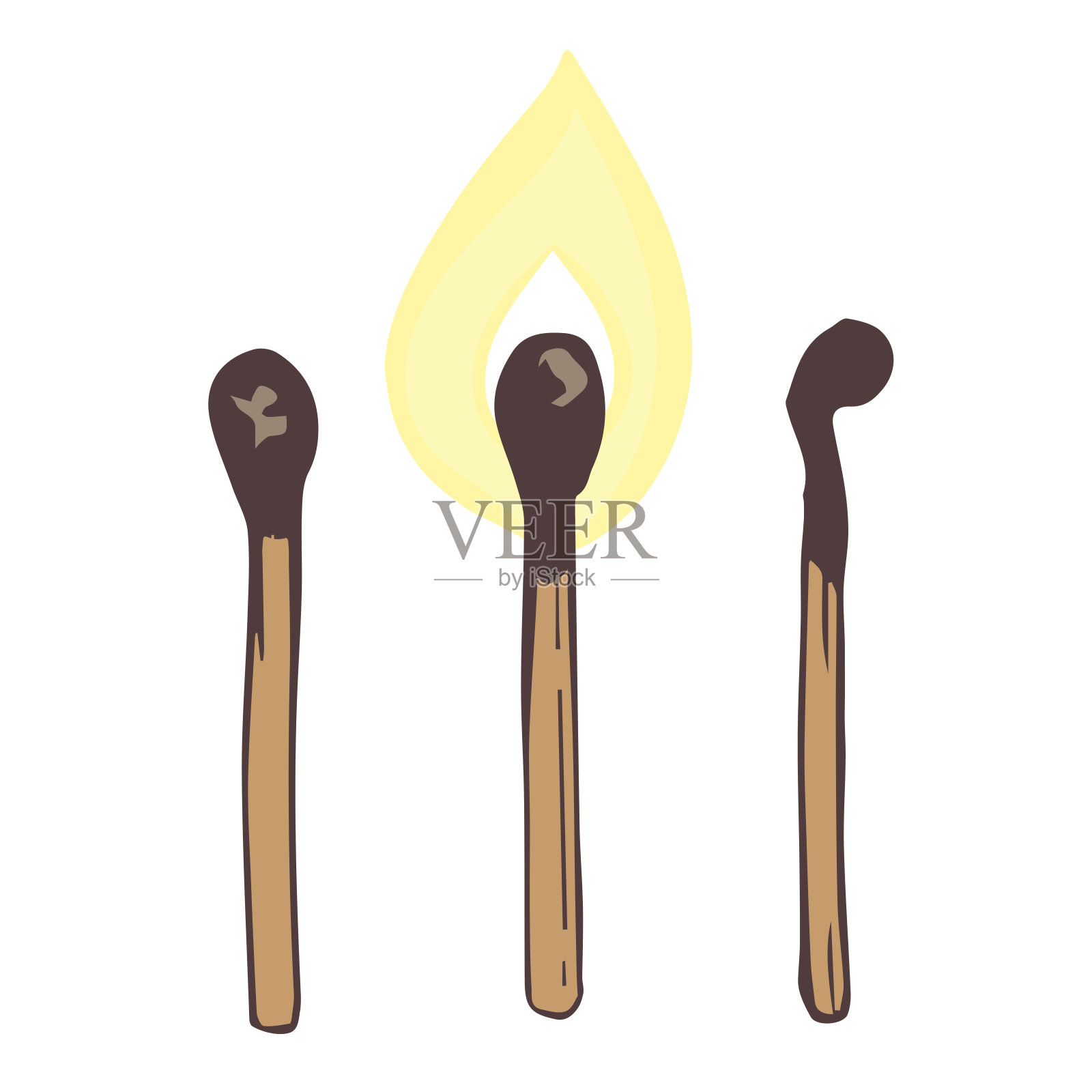 一组火柴图标，点燃的火柴和燃烧的火柴。手绘。向量,孤立图标素材