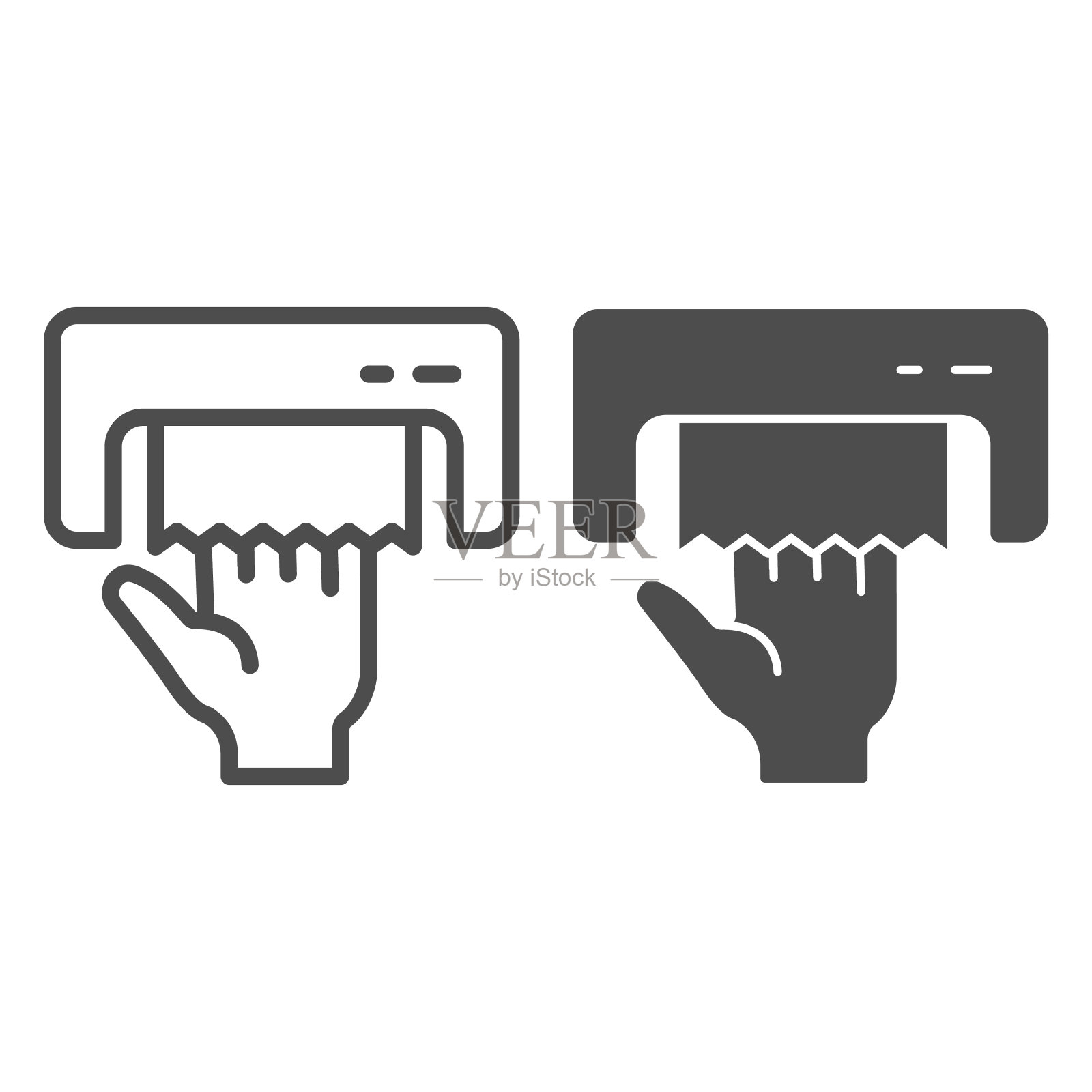 烘干机与纸巾线和固体图标，卫生常规概念，抓举纸纸标志在白色的背景，纸巾机在轮廓风格的移动和网页图标。矢量图形。图标素材