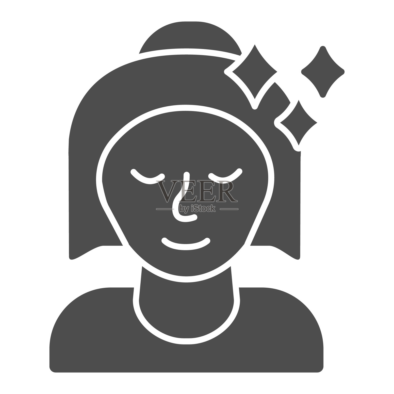 健康女孩固体图标，卫生常规概念，闪亮的女人化身标志在白色背景，儿童与星形闪烁图标在象形风格的移动概念，网页设计。矢量图形。插画图片素材