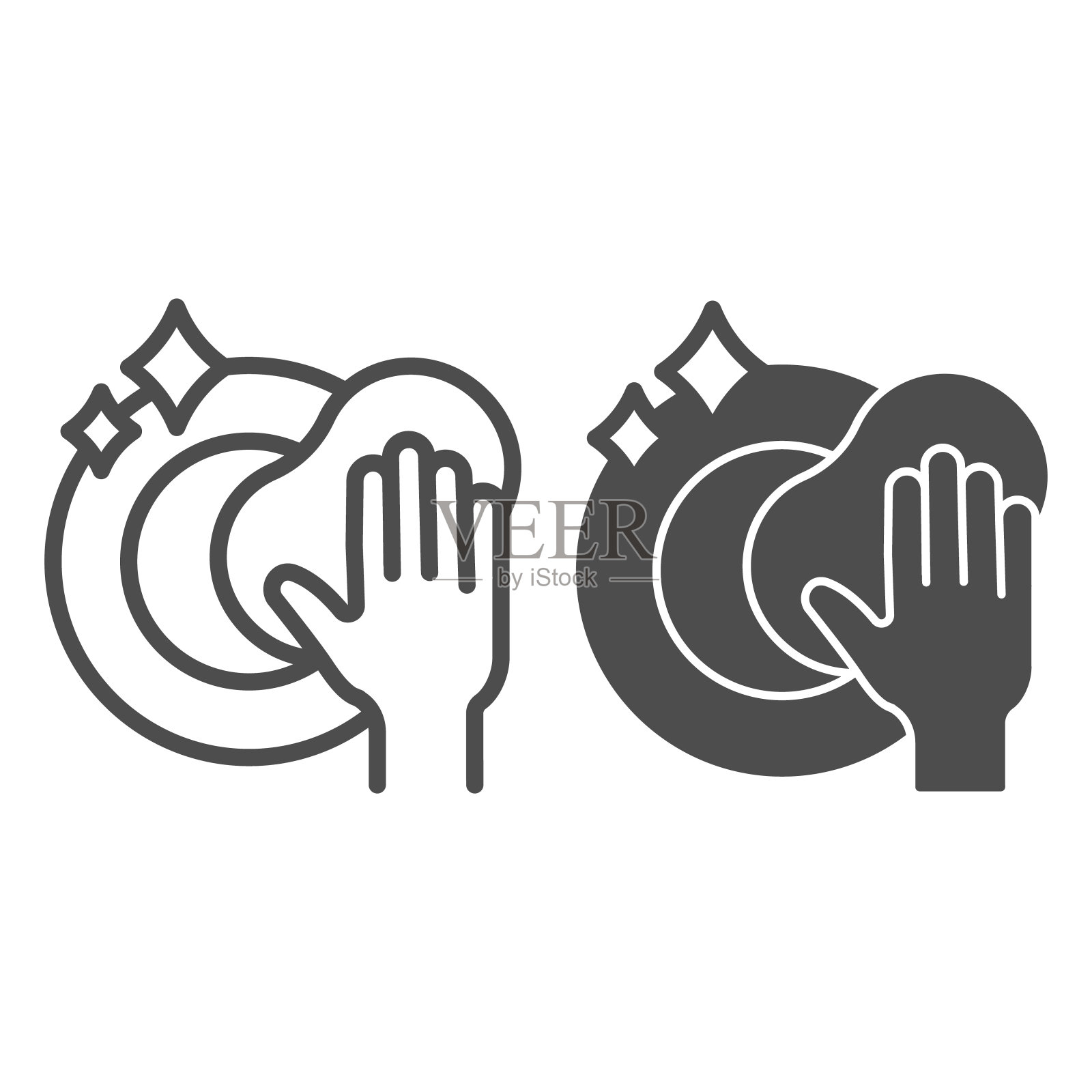 盘子和海绵在手线和固体图标，卫生常规概念，洗碗标志在白色背景，手清洗盘子与海绵图标轮廓风格的移动和网页。矢量图形。图标素材