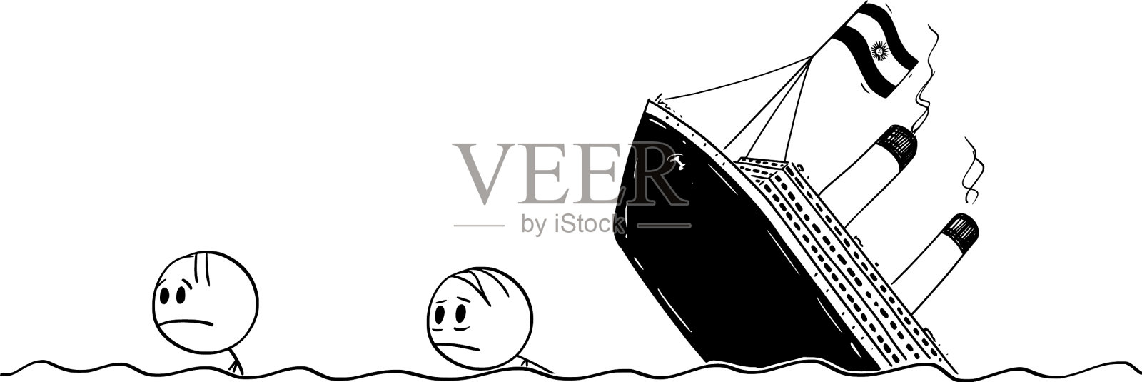 卡通中有两个男人或幸存者在水中游泳插画图片素材