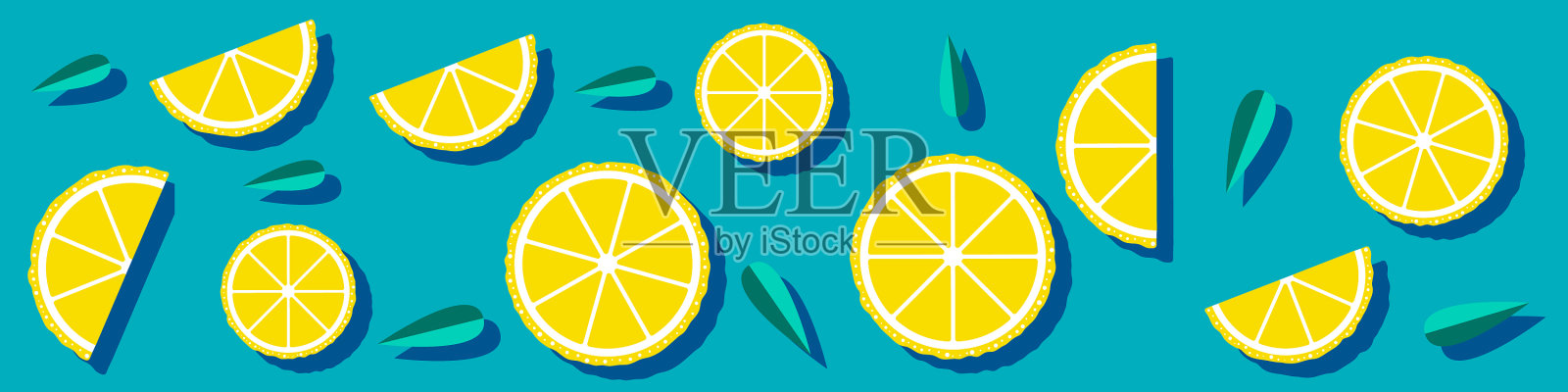 带有切好的柠檬片和叶子的网络横幅插画图片素材