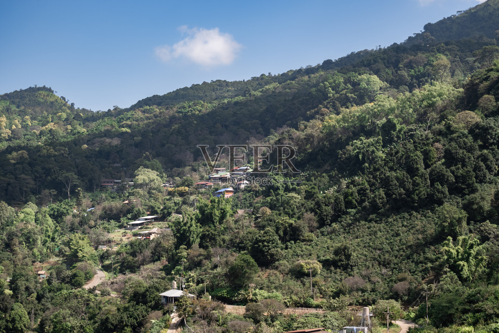 泰国清莱Doi Chang山区森林中的村庄。照片摄影图片
