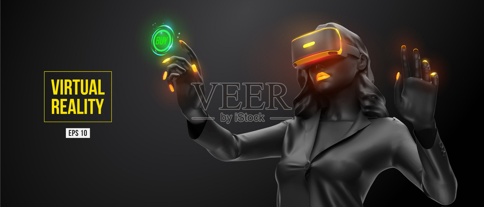 虚拟现实头盔女性佩戴虚拟现实插画图片素材