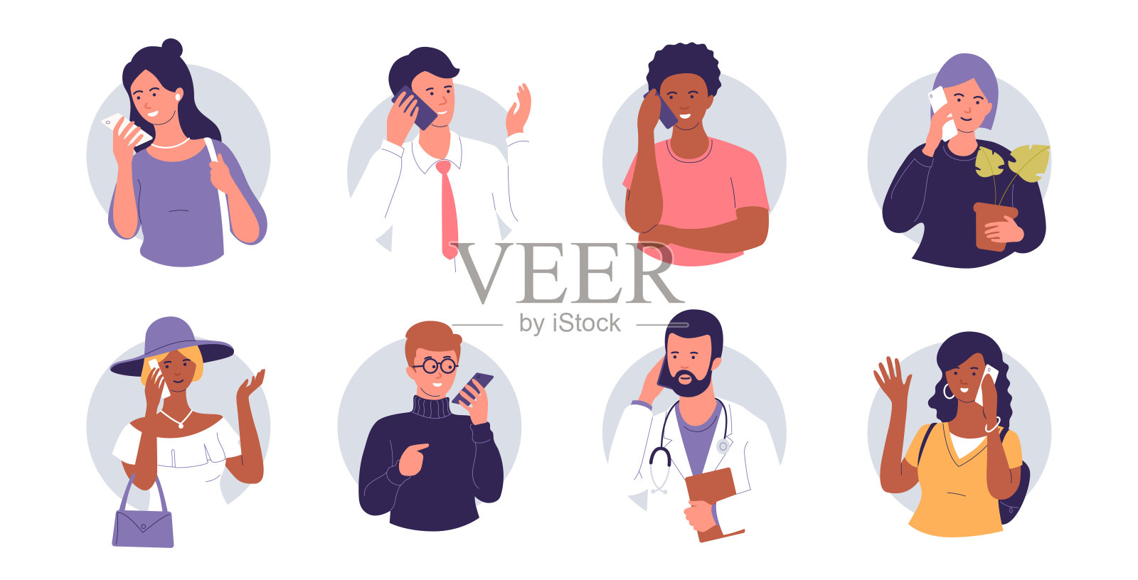 人们用手机聊天。男男女女打电话并录下语音信息。与朋友和家人通电话。电话的说明。孤立在白色的。插画图片素材