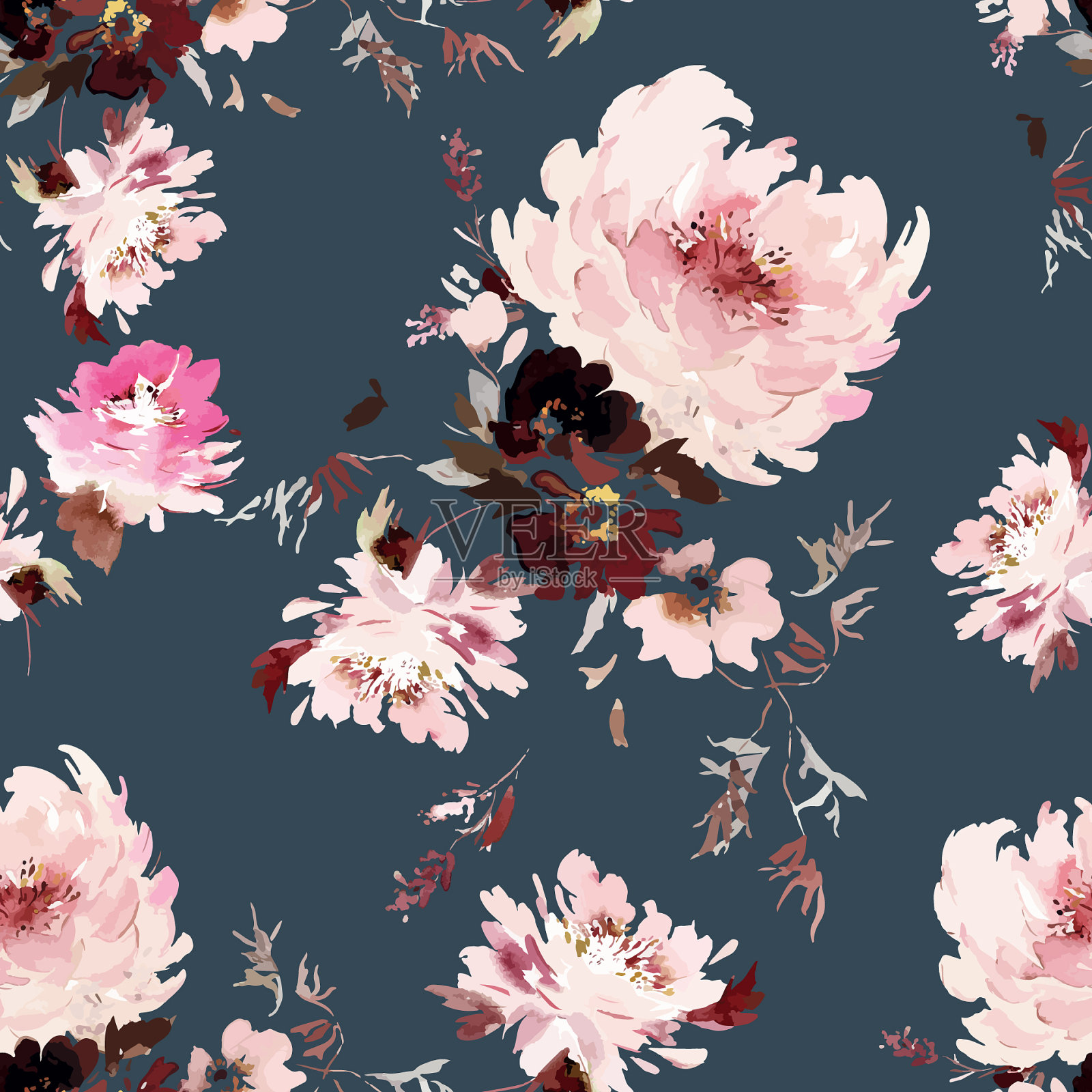 无缝水彩图案与牡丹插画图片素材