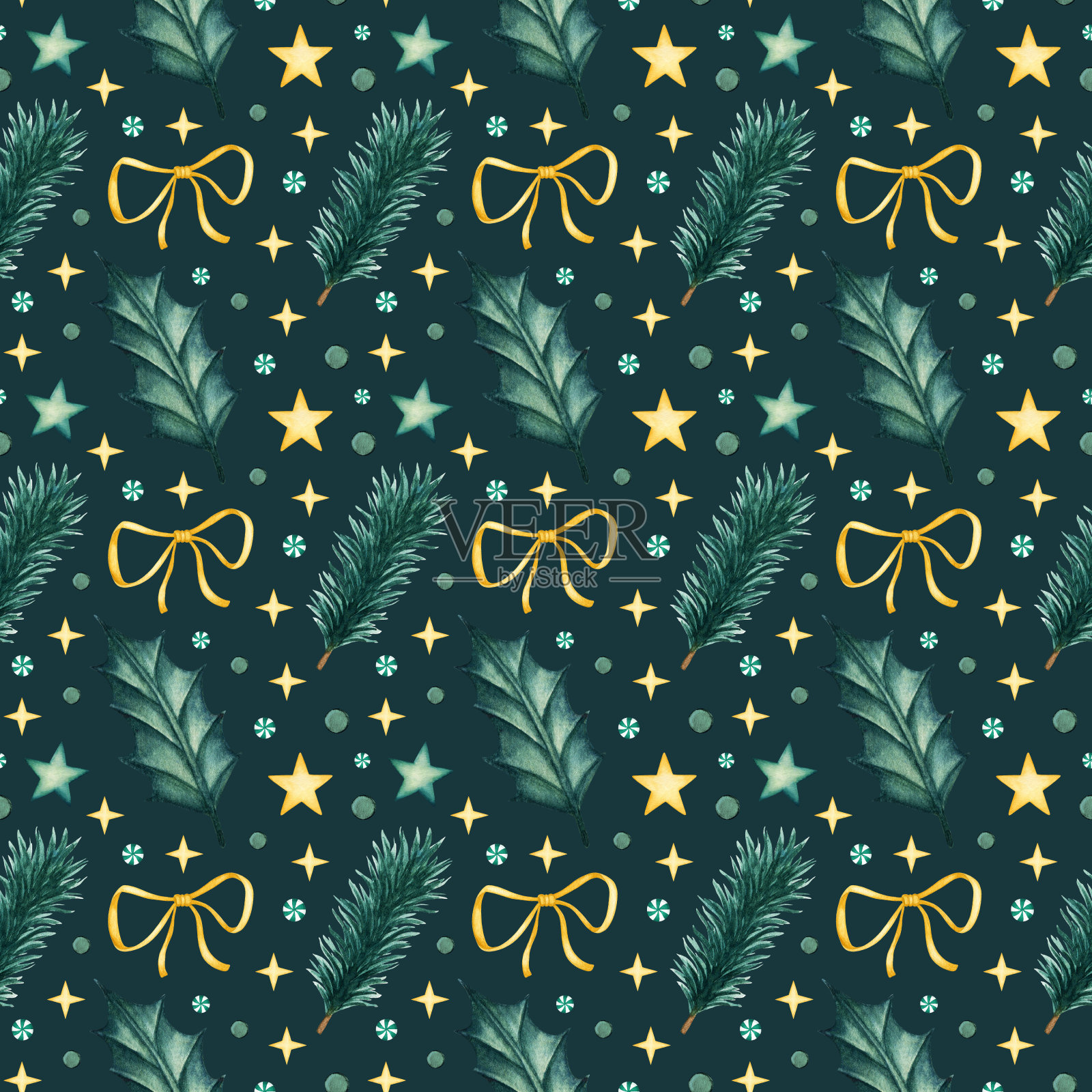 无缝模式与水彩传统圣诞绿黄元素。冷杉枝，冬青叶，丝带，星星)。手绘背景插画图片素材