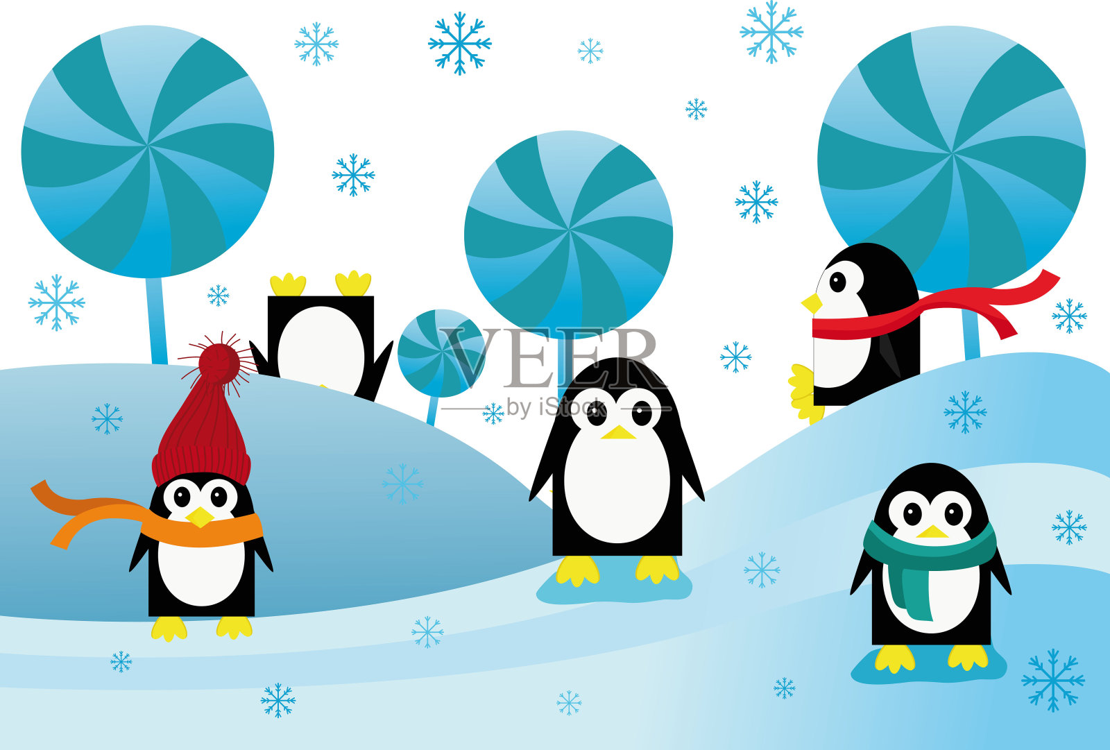 玩企鹅在冬季景观矢量图像为您的设计插画图片素材