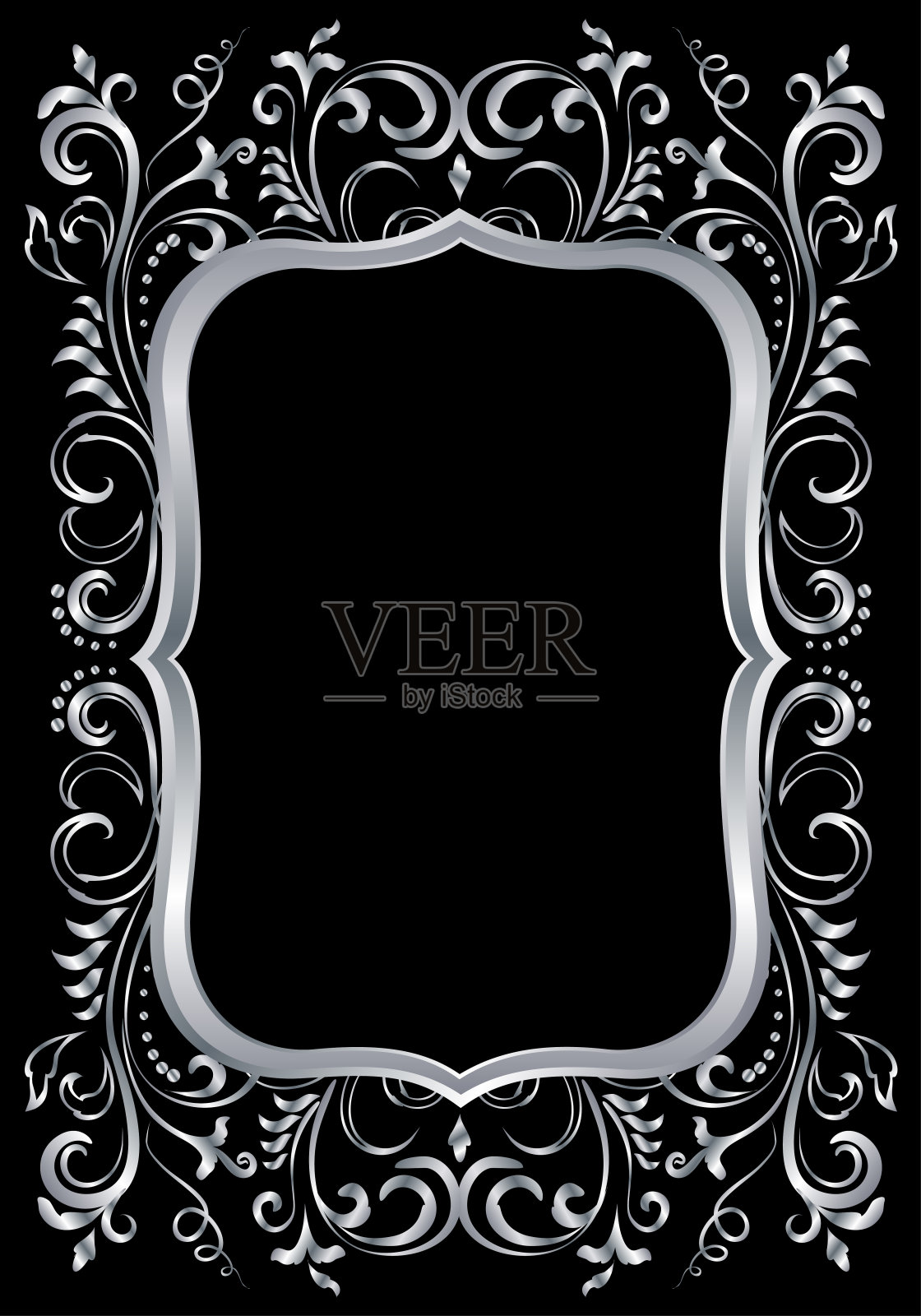 银色闪亮发光，华丽的框架孤立在黑色之上插画图片素材